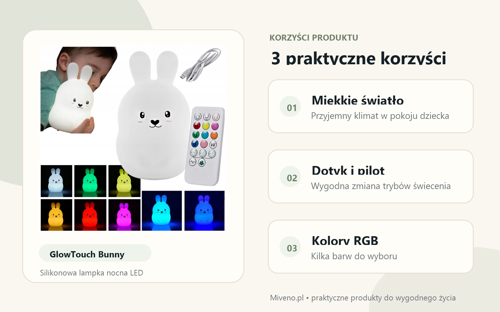 GlowTouch Bunny — silikonowa lampka nocna LED — 3 praktyczne korzyści produktu