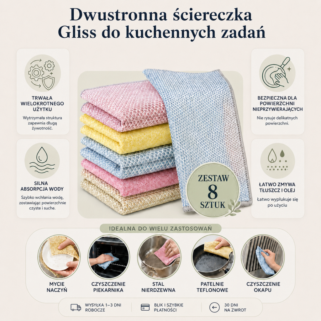 Dwustronna ściereczka Gliss w zestawie 8 sztuk oraz przykładowe zastosowania w kuchni