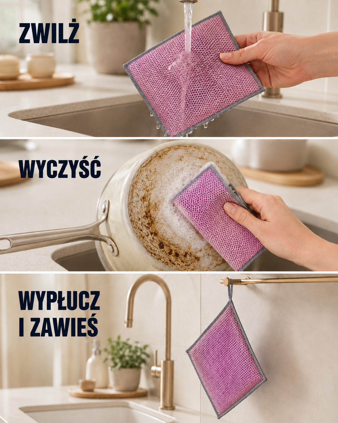 Trzy kroki używania Gliss: zwilżenie, czyszczenie i zawieszenie po wypłukaniu
