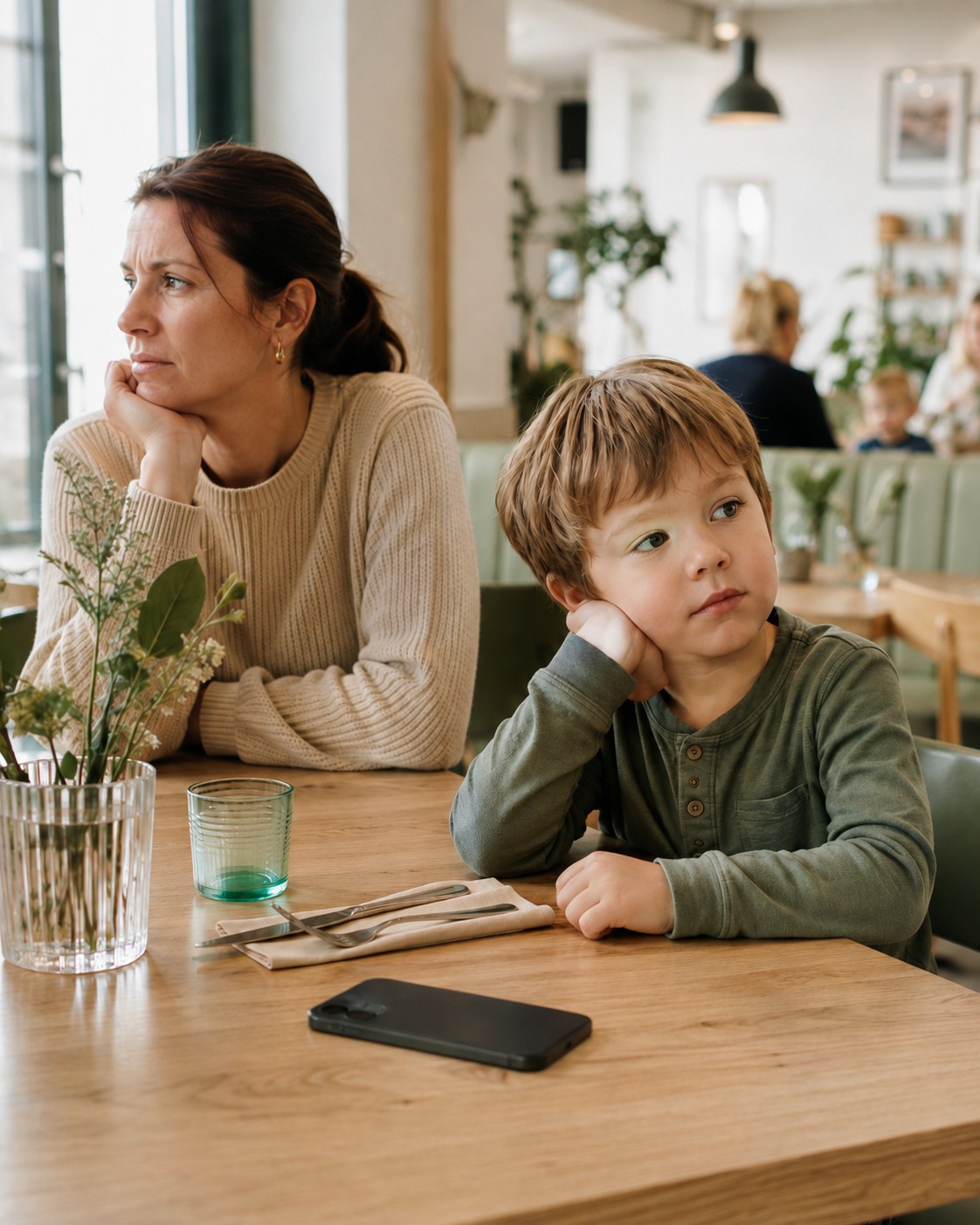 Znudzony chłopiec czekający z mamą przy stoliku w restauracji