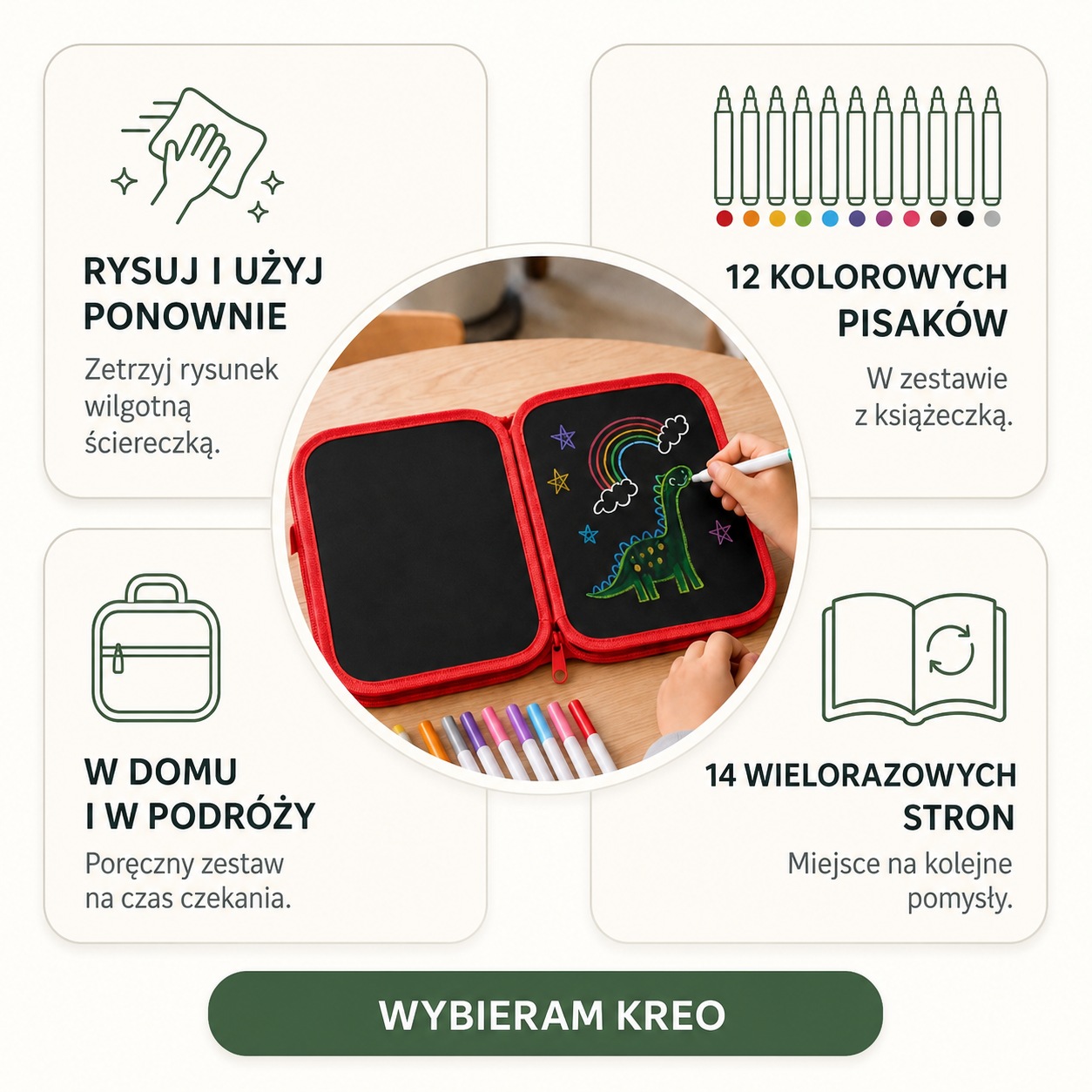 Podsumowanie zestawu Kreo z książeczką wielorazową i kolorowymi pisakami