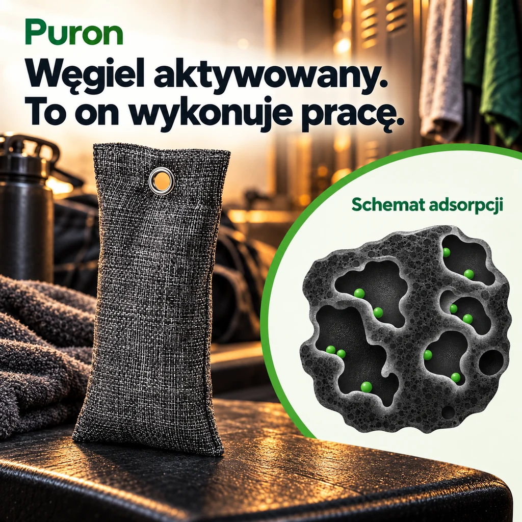 Puron - ilustracja porowatej struktury węgla i adsorpcji